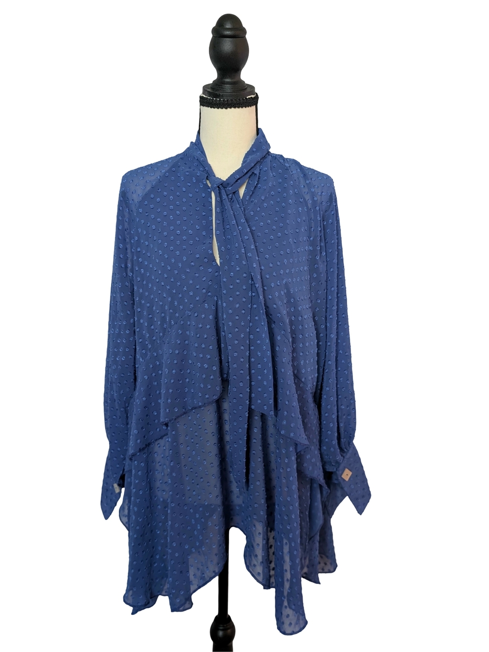 Royal Blue Tie-Neck Swiss Dot Blouse Size Medium